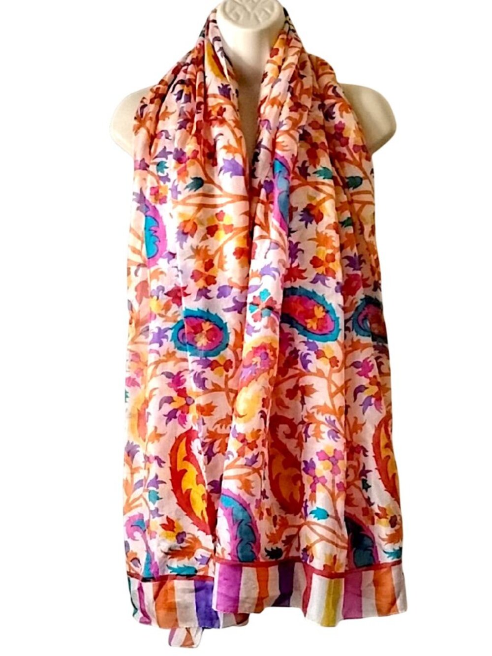Paisley Silk Scarf 69x41 Ivory Orange Fuschia Aqua Yellow - Picture 2 of 4